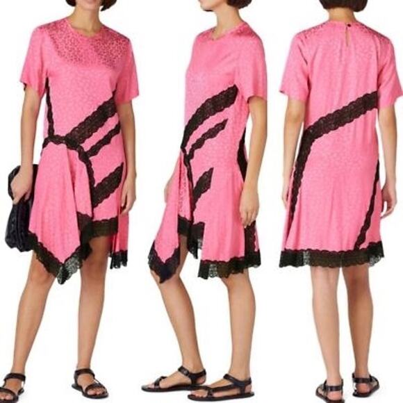 KOCHE Pink Leopard Jacquard Black Lace Asymmetric Shift Dress SZ 40/XS - Picture 2 of 11